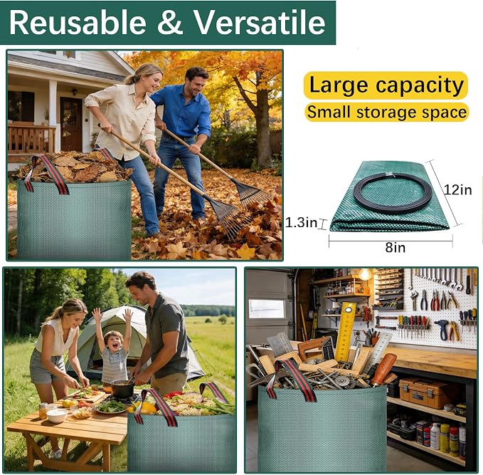 3 Pack 53 Gallon lawn and leaf bags lawn bags Heavy duty reusable,Gardening gloves included,Cleaning fallen leaves, weeds, camping supplies or use for moving
