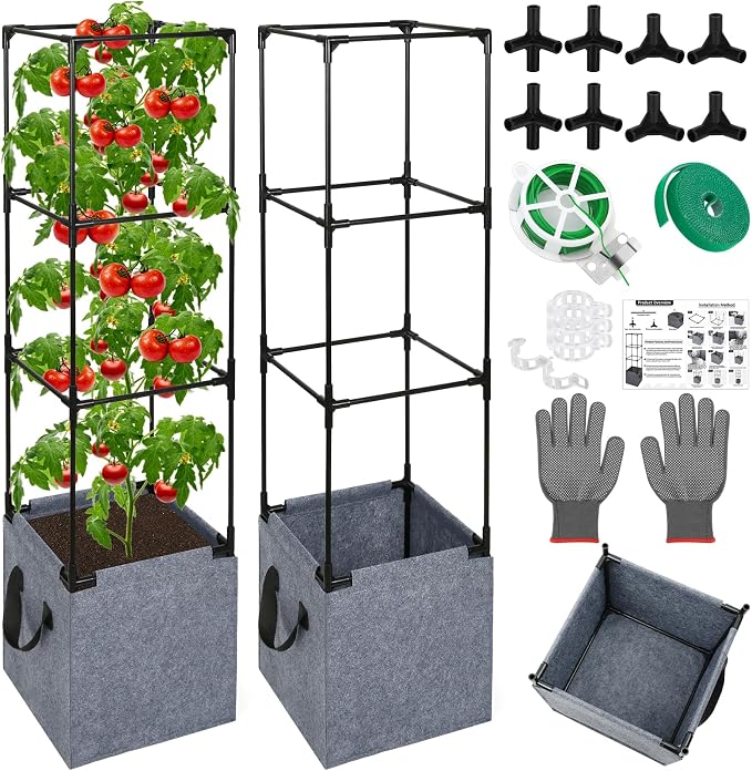 2 Pack Square Tomato Cages with Grow Bags, 42.5 Inch Stable Square Tomato Planter Support Stakes Kit for Garden, Tomato Cages Trellis Pots for Spring Climbing Vertical Plants Vegetables Fruits Vines