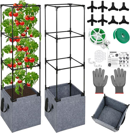2 Pack Square Tomato Cages with Grow Bags, 42.5 Inch Stable Square Tomato Planter Support Stakes Kit for Garden, Tomato Cages Trellis Pots for Spring Climbing Vertical Plants Vegetables Fruits Vines