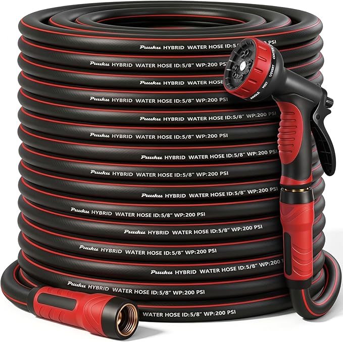 Garden Hose 100ft x 5/8", NON-EXPANDABLE Heavy Duty Premium Flexible Water Hose with 10 Function Spray Nozzle, No Kink, Leakproof, Lightweight Hybrid Hose with Swivel Handle, Male to Female Fittings