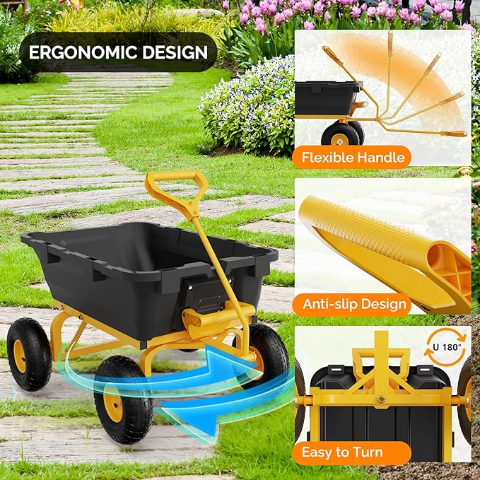VINGLI Heavy Duty Dump Cart Wagon, 800LBS Quick-Release Dump Poly Wheelbarrow, 10in All-Terrain Pneumatic Tires Garden Wagon for Garden, Yard, Beach
