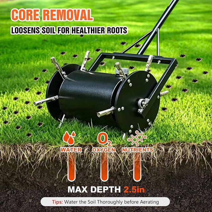 Double-Row Rolling Lawn Aerator, Manual Yard core-Removing Tool,Hollow Tine Lawn Aerator,Push-Type Rolling Rotary Aerator for compacted Garden Soil.