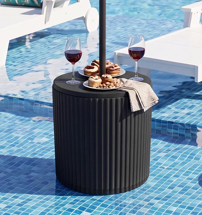 SERWALL Round Outdoor Umbrella Side Table Set of 2 - Outdoor Patio Table with Umbrella Hole for Porch/Patio/Poolside, Black