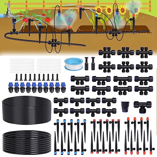 230FT Garden Irrigation System with 40 Nozzles & Emitters, Automatic Watering System with 1/2" & 1/4" Tube and Barbed Fittings, for Raised Beds, Greenhouse, Lawn