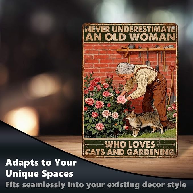 Vintage Garden Tin Sign Never Underestimate Old Lady Who Loves Cats And Gardening Retro Metal Sign Rustic Nostalgic Wall Decor For Home Garden Plaque Yard Patio Porch Living Room 16 * 12 In
