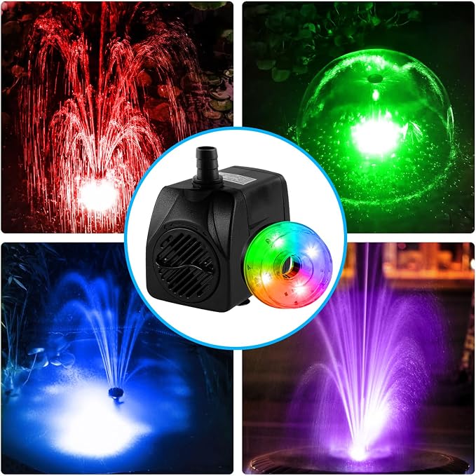 15W 800L/H Submersible Pond Fountain Pump with LED Lights, Ultra Quiet Water Pump, Pond Fountain Pumps for Small Pond, Koi, Garden, Aquariums, Fish Tanks, Indoor Outdoor Fountain 3 Type Nozzles