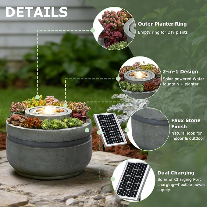 Solar Water Fountain Outdoor Garden Solar Power Fountains with Lights and Built-in Planter,Zen Bubbler Water Feature Outdoor for Outside Patio Yard Home Décor, 23.62" L x 23.62" W x 18" H