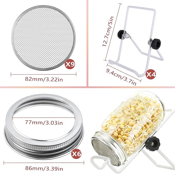 Seed Sprouting Jar Lid Kit with 9 Pack Stainless steel filter sheet and 4 Pack Stainless Steel Sprouting Stands for 86mm Wide Mouth Mason Jars for Growing Organic Sprouts 316 Stainless Steel（6 Pack）