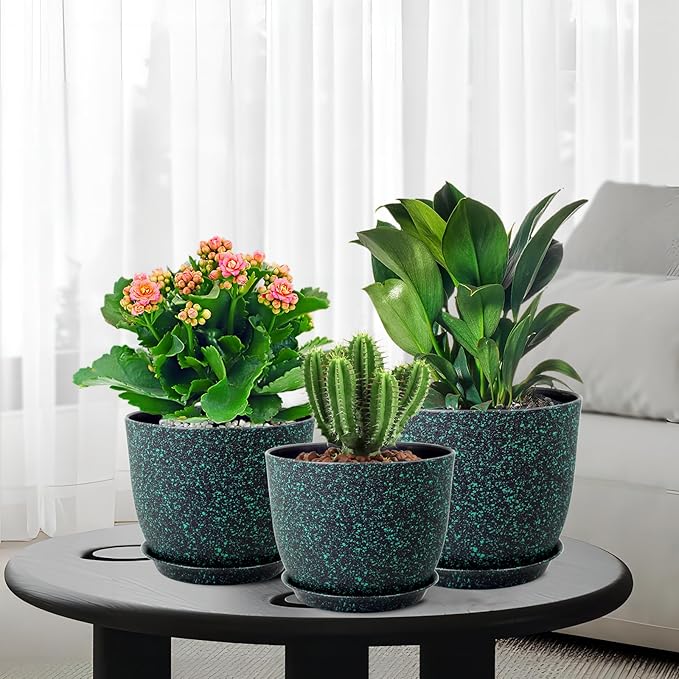 WSMKSZ Large Flower Pots 12/10/9 inch, Set of 3 Decorative Plastic Planters with Drainage Holes and Saucers for Garden House Plants, Plant Pots for Indoor Outdoor Plants, Black with Green Speckles