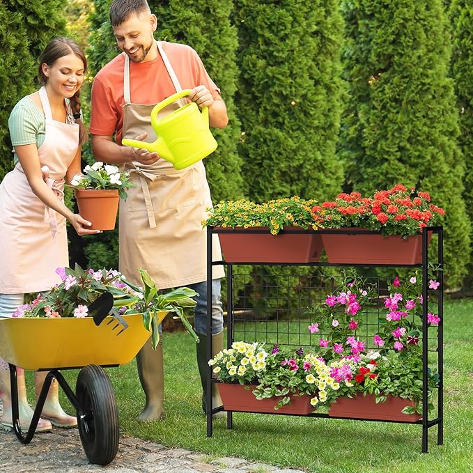 ETELI Raised Garden Beds Outdoor Elevated Planter Boxes with Trellis Patio Herb Garden Planter Outdoor Raised Planter Boxes with Legs for Vegetable Patio Balcony Porch, Brick Red