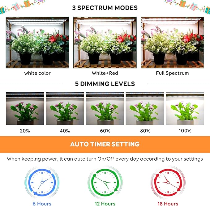 SDOVUERC 16'' 6 Bars Grow Light Strips for Indoor Plants with Auto ON/Off Timer 6/12/18H, 5 Dimmable Levels for Shelves Plant Growing(Pack 1)