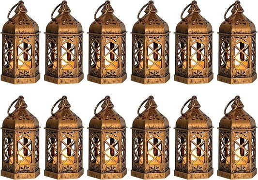 12-Pack Mini Lanterns for Ramadan, Small Decorative Lanterns with Flickering LED Candles for Wedding & Festivals, Hanging Moroccan Lantern for Table Centerpiece, Baby Shower Decor, Bronze