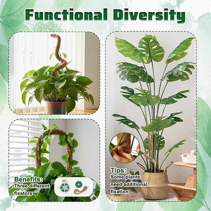 4 Pcs Bendable Moss Pole for Monstera Plant Support, 24” Natural Handmade Coir Pole Stick for Climbing Plants Indoor Plant Stakes Real Moss Poles for Potted Plants to Grow Upwards