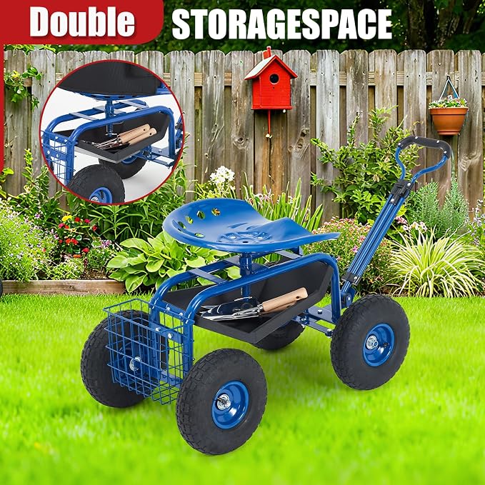 Rolling Garden Cart Workseat with Wheels, 360 Degree Swivel Gardening Stool, Extendable Steering Handle, Tool Tray, 10-Inch Inflatable Tires, Reinforced Steel Frame