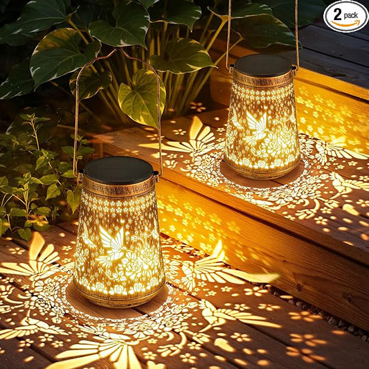 2 Pack Solar Lanterns Outdoor Waterproof Birthday Gifts for Women Mom Grandma, Hollowed-Out Metal Hummingbird Hanging Solar Lantern Lights Outdoor Decor, 2 Modes Lights Decor for Yard, Patio