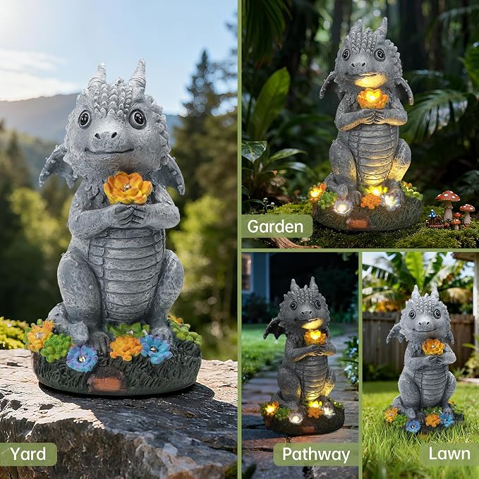 Solar Garden Outdoor Statues Dragon with Succulent, Lawn Decor with LED Lights, Outside Statue for Patio, Balcony, Yard Ornament, Housewarming Valentine's Day Gift for Wife Mom Grandma