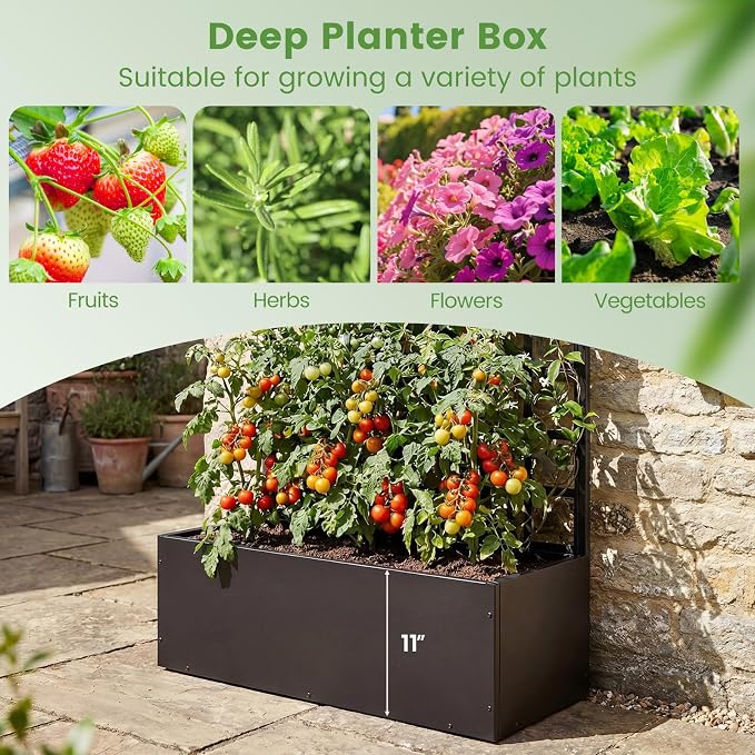 Giantex Metal Raised Garden Bed with Trellis, 71"x36"x16" Galvanized Planter Box w/Drainage Holes for Climbing Plants Vegetables Flowers, Outdoor Privacy Screen for Patio Backyard Balcony
