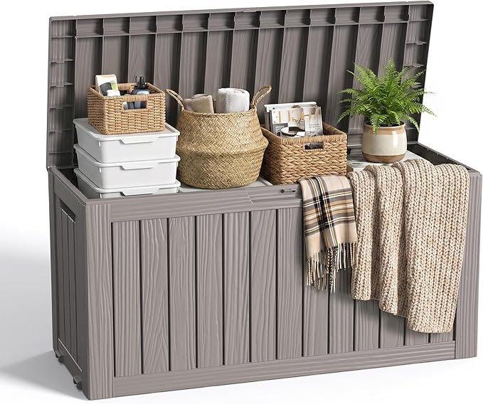EasyUp 75 Gallon Outdoor Storage Box, Waterproof Space-Saving Resin Deck Box with Wheels for Patio Furniture, Outdoor Cushions, Garden Tools and Pool Floats (Grey, 75 Gallon)