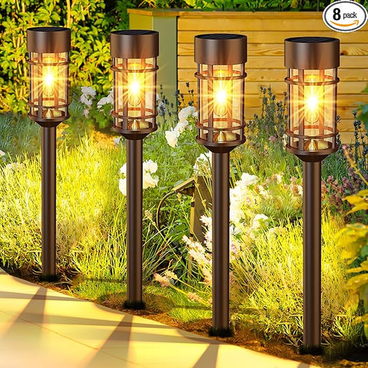 ILANCK Solar Pathway Lights Outdoor Solar Lights 8 Pack Metal & Glass Design - Waterproof Auto On/Off Bright Long-Lasting Garden Landscape Lighting Walkway Driveway