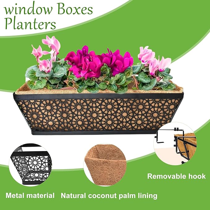 EIMQUVW 2 Pack 30" Railing Planter Window Box Deck Balcony Rail Planters Black Metal Flower Basket Horse Trough Planter with Coco Fiber Liner for Porch Fence Patio Outdoor