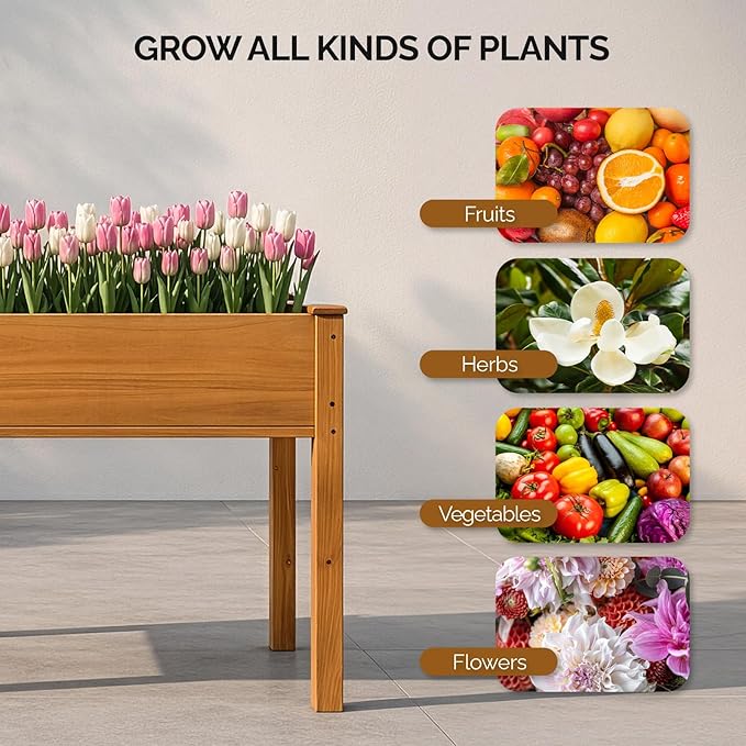 VINGLI 48.5"x22.5"x30" Wood Elevated Raised Garden Bed with Bed Liner, Heavy Duty Planter with Legs for Vegetables Fruits Potato Onion Flower, Outdoor Sturdy Long Lasting Planter Box (brown, no wheel)