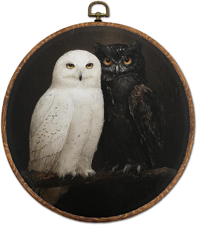 DOFQZ Vintage Black and White Owl Round Wall Art Decor, Dark Academia Gothic Owl Framed Wall Art, Moody Animal Bird Canvas Wall Hanging Decor for Home Bedroom Living Room, 10x10