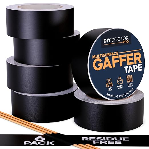 DIY Doctor Pro Professional Gaffer Tape ~2 Inch (48mm) Huge 30 Yards Black Matte Cloth Gaffers Tape for Stage, Floor & Cable Management – Strong Adhesive, No Residue, Non-Reflective - 6 Pack