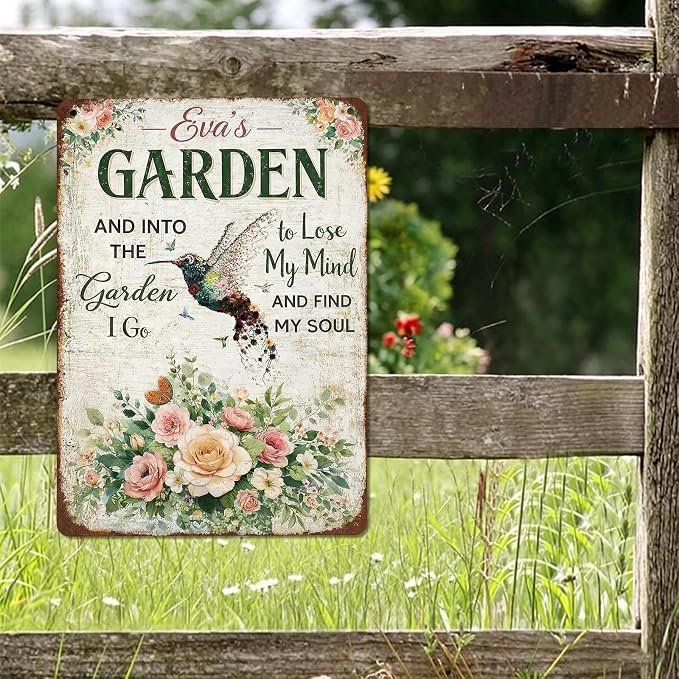 Garden Signs Hummingbird Floral Gardening Tin Signs Outdoor Funny Signs "And Into The Garden I Go To Lose My Mind And Find My Soul" for Home Garden Patio Fence Yard Decor 8 X 12 Inch