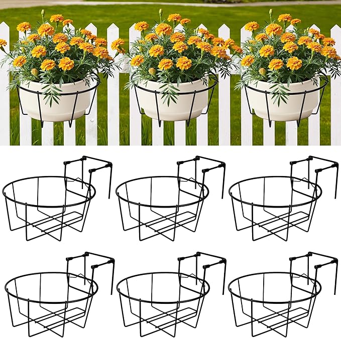 Adjustable Hanging Railing Planter, 6 Pack Fit 1.5 to 4.5 Inches Railing, Weather-Resistant Metal Balcony Rail Planters, Work for Outdoor Fence Deck Garden Patio Halloween Christmas Decor