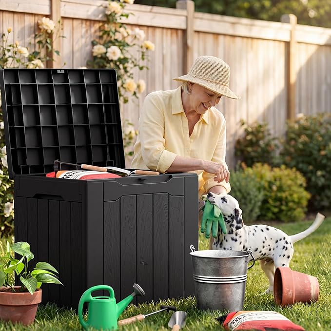 JUMMICO 31 Gallon Resin Deck Box Waterproof Indoor Outdoor Storage Boxes for Patio Furniture Cushions and Garden Tools (Black)