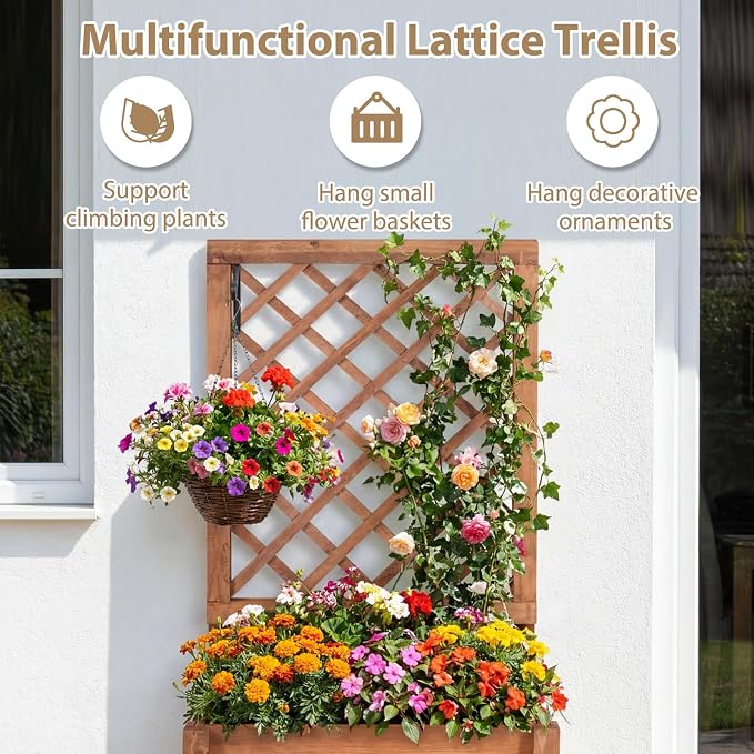 Giantex Raised Garden Bed Set 2 w/Trellis, Drainage Hole, 23”x14”x40” Wood Elevated Planter Box for Climbing Vine Flower Herb Vegetable Fruit, Planting Container for Indoor Outdoor Patio Balcony