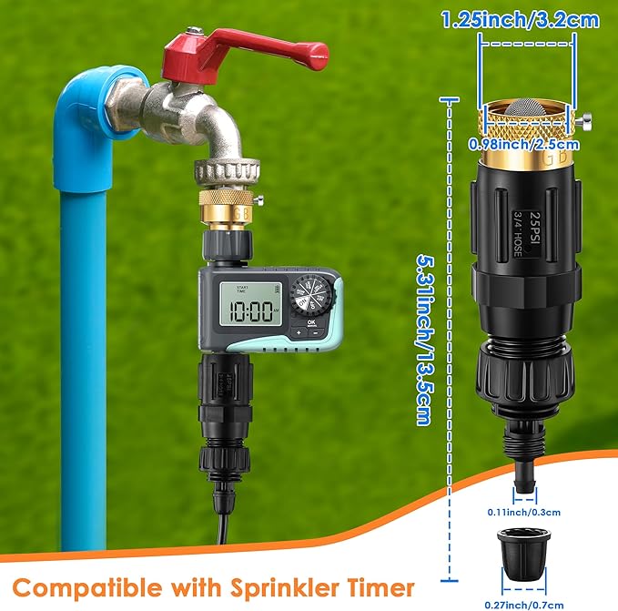 Drip Irrigation Faucet Adapter 25 PSI, 1/4" Tubing Quick Connect to 3/4" Garden Hose with Backflow Preventer, Filter, Tape, Pressure Regulator, Copper Drip Irrigation System Fittings (4 Pack)