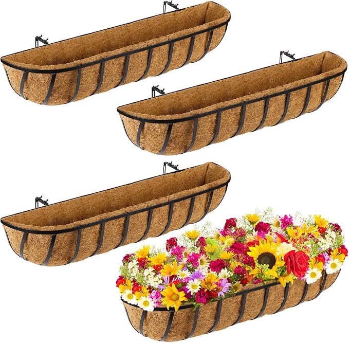 Tessco for you 4 Pieces Railing Planter Boxes, 30 Inches Window Box Planters with Coco Liner and Adjustable Brackets for Deck Porch Fence Patio Balcony Gardening Outdoor Plants