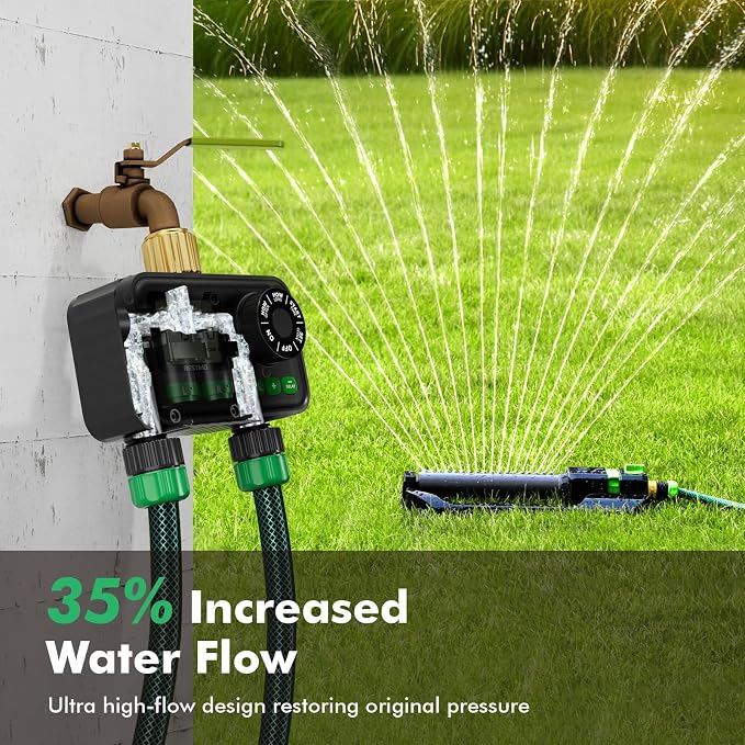 RESTMO 2 Zone Programmable Sprinkler Timer for Outdoor Hose Faucet, Automatic Irrigation Timer with Brass Inlet & Large Dial, Rain Delay, 11h59m Max Run Time, for Garden Soaker Hose, Lawn Watering