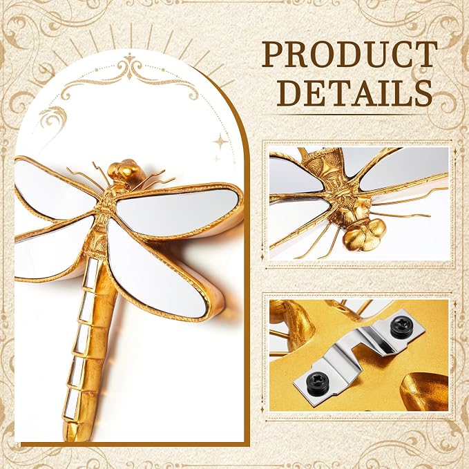Sliner 2 Pcs Gold Resin Dragonfly Mirror Wall Decor, Aesthetic Glass Insect Wall Art, Vintage Cottagecore Decorative Mirrors for Home Nursery Garden, Elegant Nature Gift for Summer Wedding