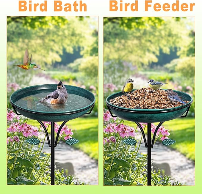 Metal Bird Bath for Outdoor, Vintage Free Standing Birdbathswith Metal Stake Stand,Detachable Bird Baths Feeder Bowl for Garden Patio Yard Lawn Decor,Upgraded 5-Pronged Base (Green)