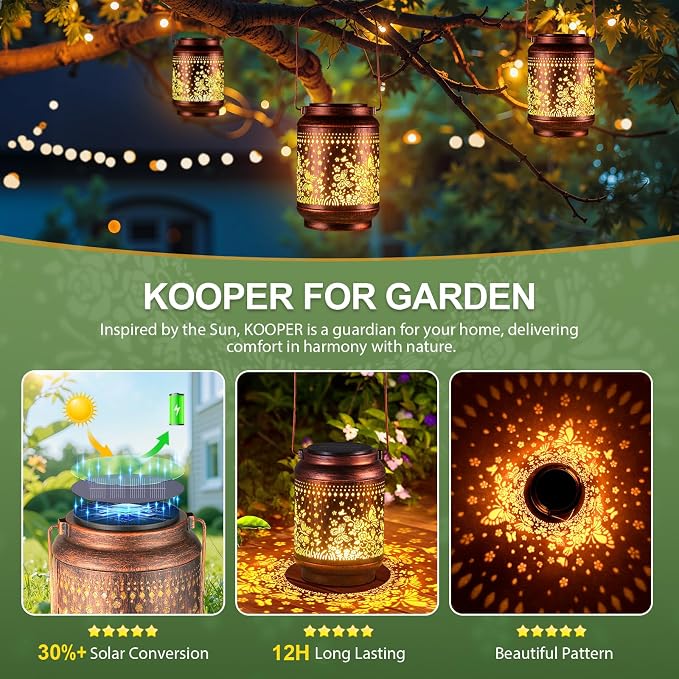 KOOPER Solar Lanterns Outdoor Waterproof Birthday Gifts for Women Mon Grandma, 2 Pack Brighter Hummingbird Hanging Solar Lantern Lights Outdoor, Metal Outdoor Decoration for Yard (Butterfly and Rose)