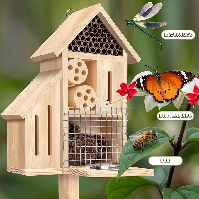 Hoteam Wooden Insect Hotel Bee Ladybugs Butterfly House Large Natural Mason Bee Lady Bug Hotel with Stake and Feeder for Garden Yard Backyard Attract Butterflies Pollinators Beneficial Insect(Natural)