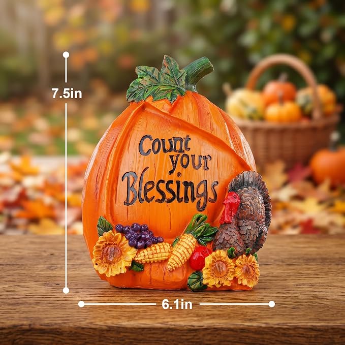 Topadorn Thanksgiving Pumpkin Figurine with Count Your Blessings Quote, Harvest Turkey Statue with Sunflowers, Fall Table Decor