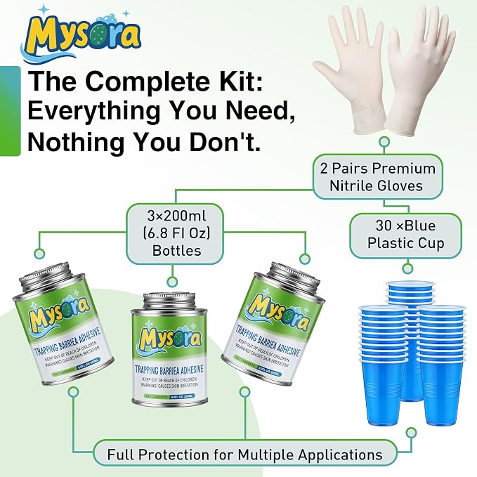 Sticky Glue Coating Kit, 20.4 oz (3 * 6.8 oz) Insect Trap Coating with Brush and 30 Blue Cups and 2 Pairs Gloves, DIY Fly Trap for Deerfly, Stink Bugs, Apple Fly, Biting Flies, Garden Pests