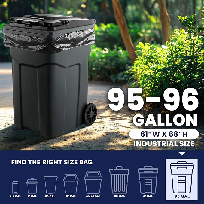Plasticplace 95-96 Gallon Heavy Duty Black Trash Bags - Contractor Grade, Extra Large Garbage Bags for Construction & Outdoor Trash Cans, 1.2 Mil Thick, 61” x 68” (15 Count Roll)