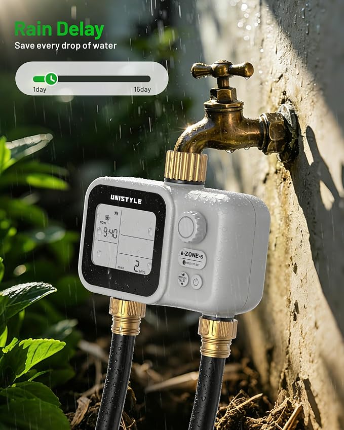 [All-New 2027] 2 Zone Sprinkler Timer with Brass Inlet, Low-Pressure Water Sources, Unistyle Ball Valve Water Timer for Garden Hose, Rain Delay, Manual Control, Automatic Irrigation for Hose Timers