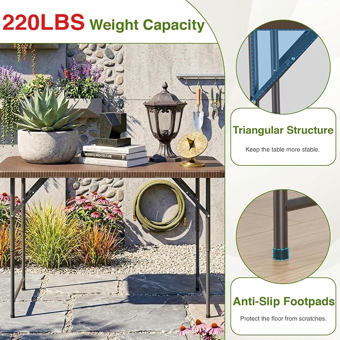 PayLessHere | 4FT Folding Table | Portable Plastic Table with Carry Handle | Waterproof & Foldable Table Design | Steel Frame with Lock | Brown Ratten | for Events, Camping, Indoor & Outdoor Use