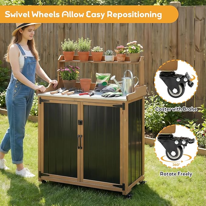 Outdoor Potting Bench with Storage, Outdoor Garden Work Table & Storage Cabinet with Adjustable Shelves, Lockable Wheels, Waterproof Metal Top Workstation for Potting, Gardening, Backyard, Patio