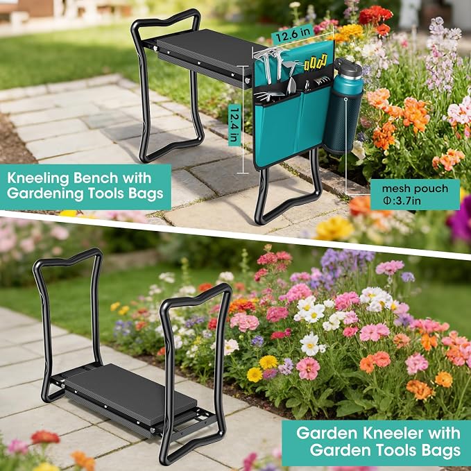 2-in-1 Garden Kneeler with Umbrella, Garden Kneeling Bench & Aqua Umbrella, Portable Garden Stool Loads Capacity 330lb and Garden Tools Bag with bottle holder, Gardening Gifts for Women,Men,Seniors