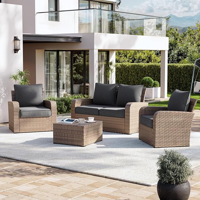 Aoxun Replacement Cushions for Outdoor Furniture, 4-Piece Outdoor Cushions for Patio Furniture, Deep Seat, Waterproof & Fade Resistant Couch Cushion for 4-Seat Patio Conversation Sets, Grey