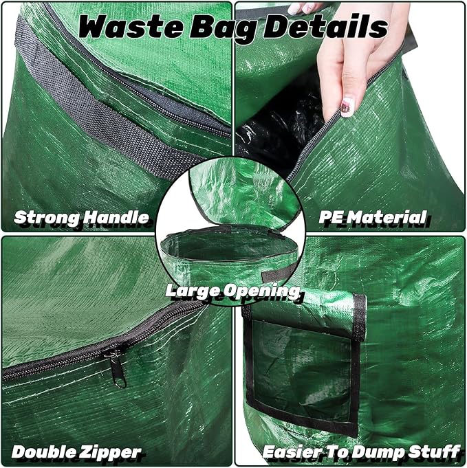 Tlence 4 Pack 34 Gallon Reusable Yard Waste Bags, Heavy Duty Lawn and Leaf Bags, Collapsible Garden Compost Bins with Bottom Window & Handles for Outdoor, Green Leaf Lawn Collector Containers