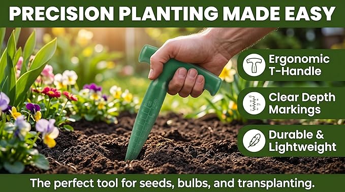 Seed Planter Tool, 6.9 Inch Green Plastic Dibber for Sowing Seeds, Planting Bulbs, Digging with Handle