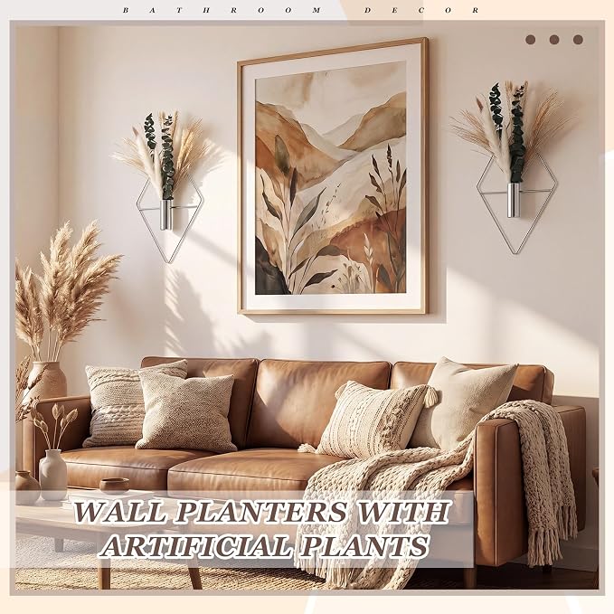 Canlierr 4 Pcs Chrome Silver Wall Decor Hanging Planters with Artificial Plants Eucalyptus Pampas Grass Metal Hanging Vase Indoor Holder Modern Boho Wall Art for Bathroom Bedroom Living Room Decor
