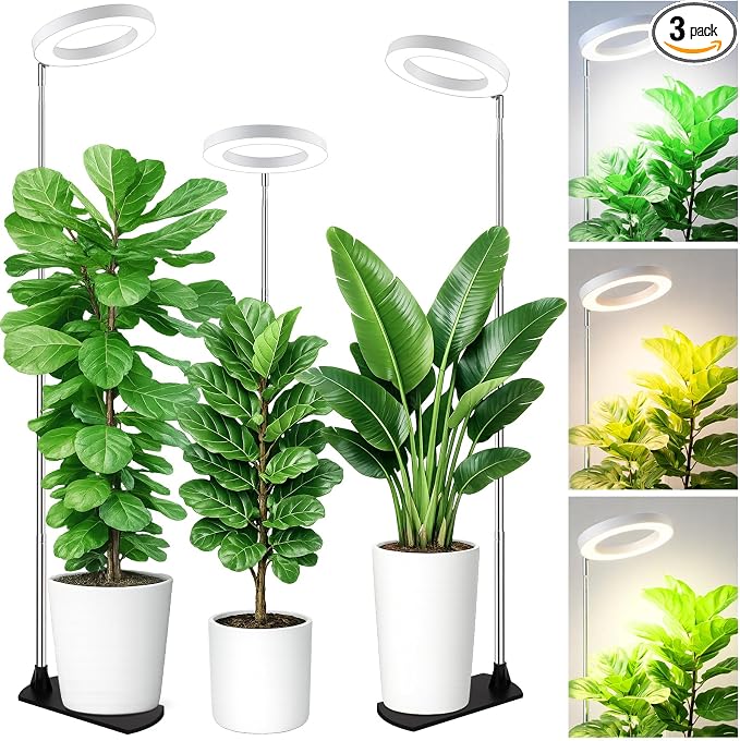 LBW Grow Lights for Indoor Plants, 6.3" Full Spectrum Plant Light with Base, 59" Height Adjustable Grow Lamp, 6/8/12/16H Auto Timer, 3 Color, 5 Dimmable Level, for Tall Large Plants, White,3 Pack